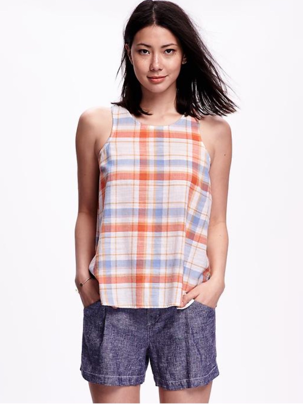 🔴 4/$15 Old Navy Women’s XL Orange Blue Plaid Cotton Button-Back Tank Top in EUC
